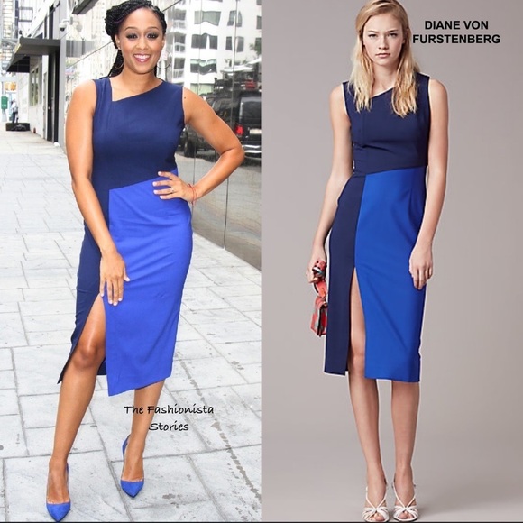 Diane Von Furstenberg Women’s Blue Colorblock Asymmetric Midi Tank Dress 4 - Picture 2 of 10